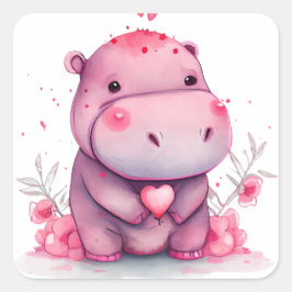 Pegatina Cuadrada Corazón lindo Hippo Valentine