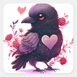 Pegatina Cuadrada Corazón Lindo Pájaro Negro San Valentín