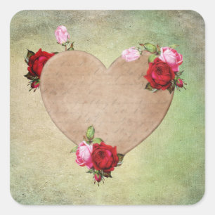 Pegatina Cuadrada Corazón marrón floral vintage con rosas rojas y ro
