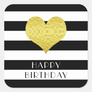 Pegatina Cuadrada Corazón moderno en blanco y negro Feliz cumpleaños