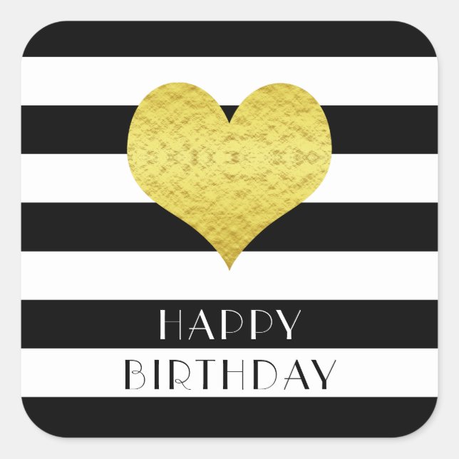 Pegatina Cuadrada Corazón moderno en blanco y negro Feliz cumpleaños (Anverso)