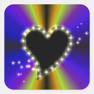Pegatina Cuadrada Corazón negro con estrellas en arcoiris amarillo p