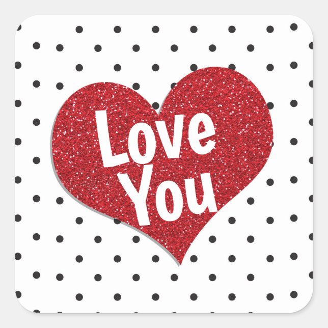Pegatina Cuadrada Corazón Purpurina rojo personalizado con puntos de (Anverso)