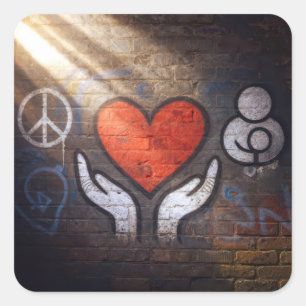 Pegatina Cuadrada Corazón rojo con manos grafiti en una pared de lad