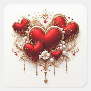 Pegatina Cuadrada Corazón Rojo Con Marco Floral Dorado❤️