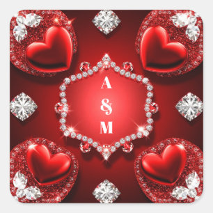 Pegatina Cuadrada Corazón Rojo Diamante Joyería Romance ❤️