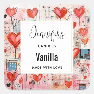 Pegatina Cuadrada Corazón Rojo Espectacular Patrón de Amor Candle Bu
