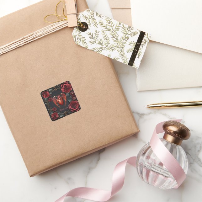 Pegatina Cuadrada Corazón rojo gótico con Rosas - Romántico oscuro (Regalar)