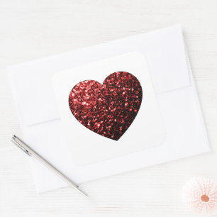 Pegatina Cuadrada Corazón rojo oscuro con brillo falso destellos