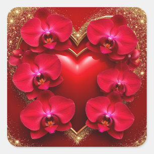 Pegatina Cuadrada Corazón Rojo Rodeado de Orquídeas Elegantes