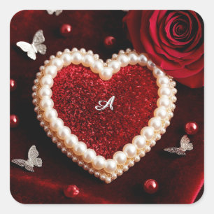Pegatina Cuadrada Corazón Romántico Con Borde De Perla