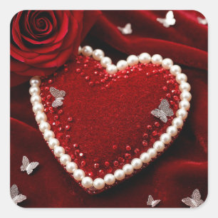 Pegatina Cuadrada Corazón Romántico Con Borde De Perla