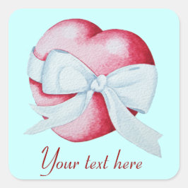 Pegatina Cuadrada corazón romántico de amor rojo con arco de cinta b