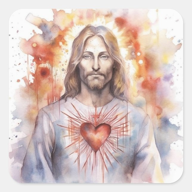 Pegatina Cuadrada Corazón sagrado de Jesús (Anverso)