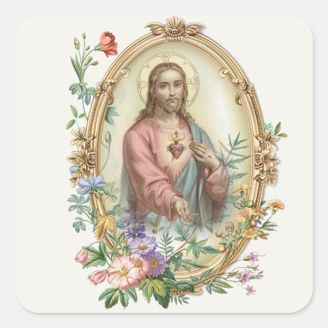 PEGATINA CUADRADA CORAZÓN SAGRADO DE JESÚS FLORAL RELIGIOSO (Anverso)