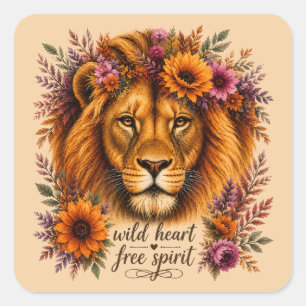 Pegatina Cuadrada Corazón Salvaje Espíritu Libre Arte Floral Boho Le