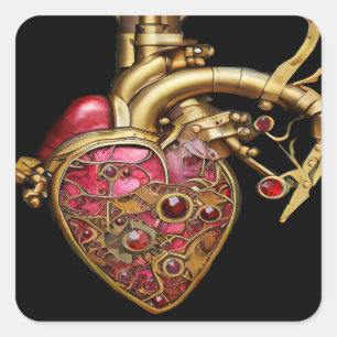 Pegatina Cuadrada Corazón Steampunk Anatómico Rubíes y Engranajes