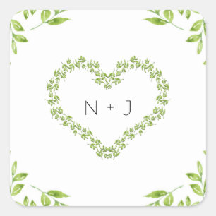 Pegatina Cuadrada Corazón Verde Deja la Verde Vegetación Shabby Chic