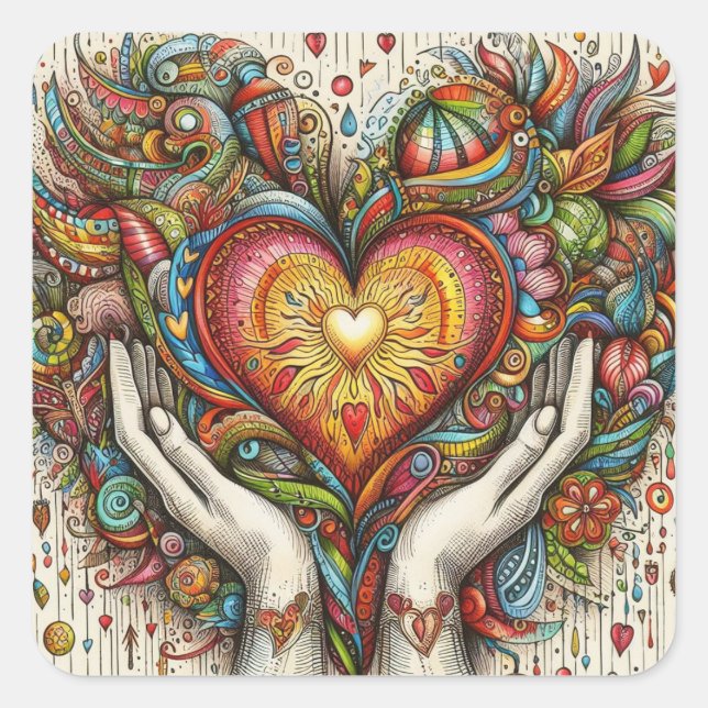 Pegatina Cuadrada Corazón y manos (Anverso)