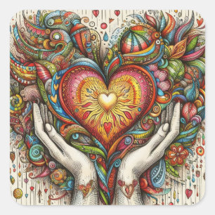 Pegatina Cuadrada Corazón y manos