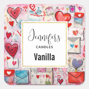 Pegatina Cuadrada Corazones caprichosos y cartas de amor Candle Busi