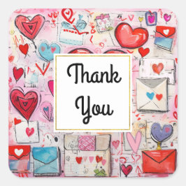 Pegatina Cuadrada Corazones Caprichosos y Cartas de Amor Gracias