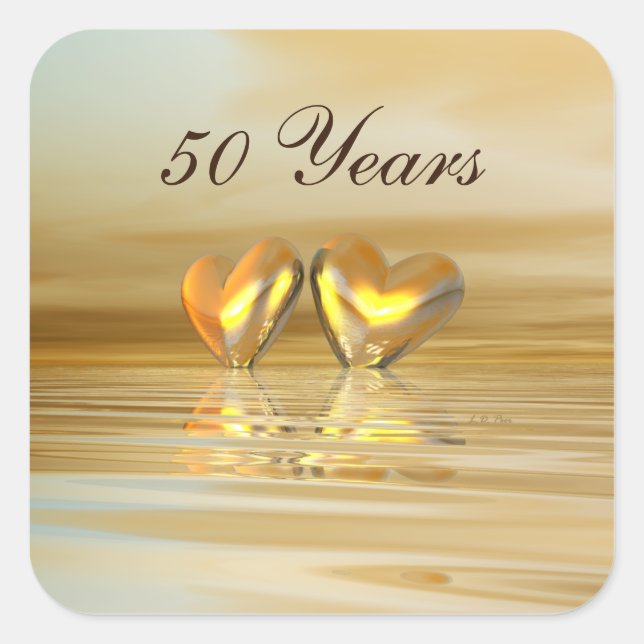 Pegatina Cuadrada Corazones de Aniversario Dorado (Anverso)