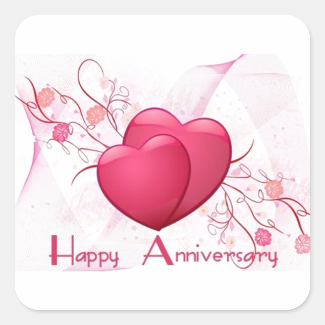 Pegatina Cuadrada Corazones de Aniversario Feliz (Anverso)