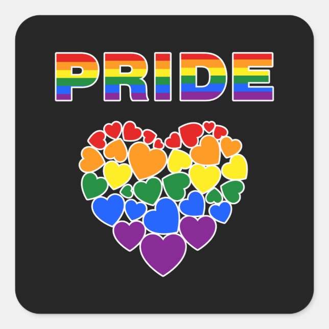 Pegatina Cuadrada Corazones de Arcoíris LGBTQ de ORGULLO (Anverso)