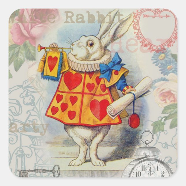 Pegatina Cuadrada Corazones de Conejo Blanco Alice Clásico (Anverso)