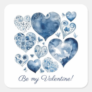 Pegatina Cuadrada Corazones de Delft Azul San Valentín Arte Folclóri