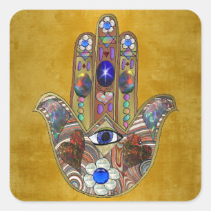 Pegatina Cuadrada Corazones de Hamsa Flores Ópalo Arte en Oro