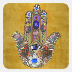 Pegatina Cuadrada Corazones de Hamsa Flores Ópalo Arte en Oro