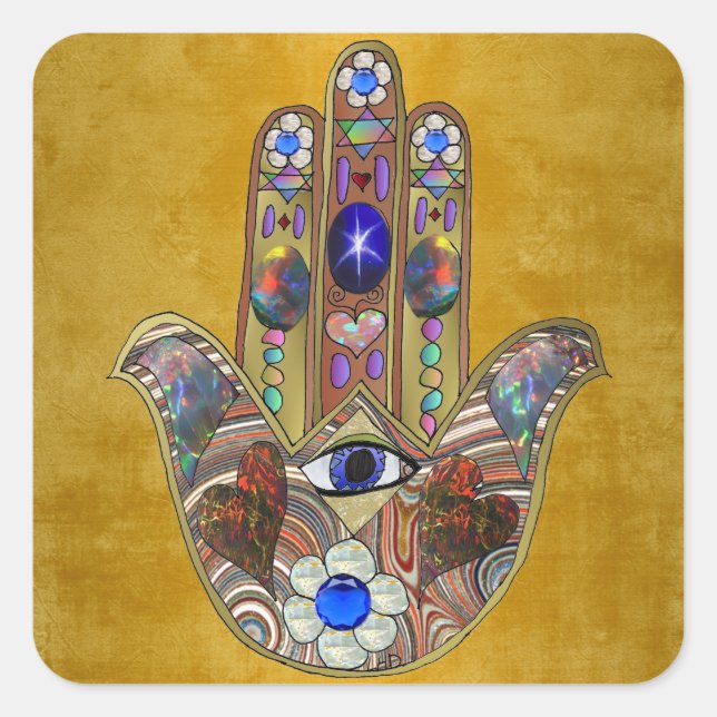 Pegatina Cuadrada Corazones de Hamsa Flores Ópalo Arte en Oro (Anverso)