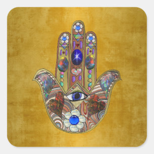 Pegatina Cuadrada Corazones de Hamsa Flores Ópalo Arte en Oro
