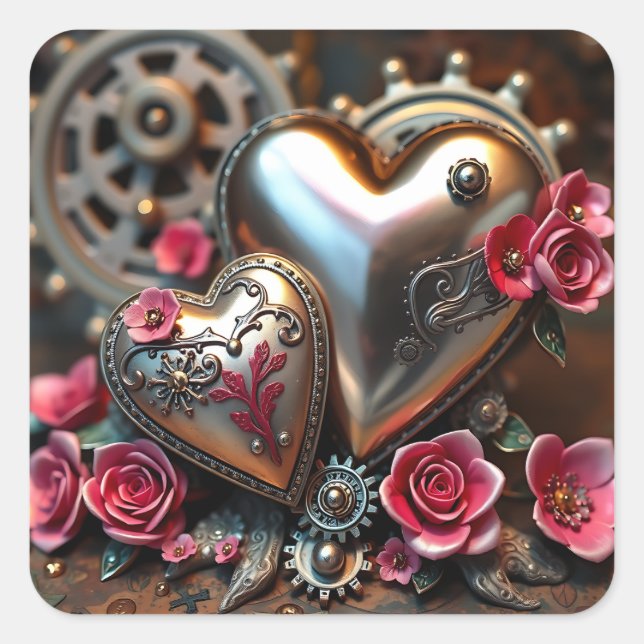 Pegatina Cuadrada Corazones de metal y flores rosadas Steampunk (Anverso)
