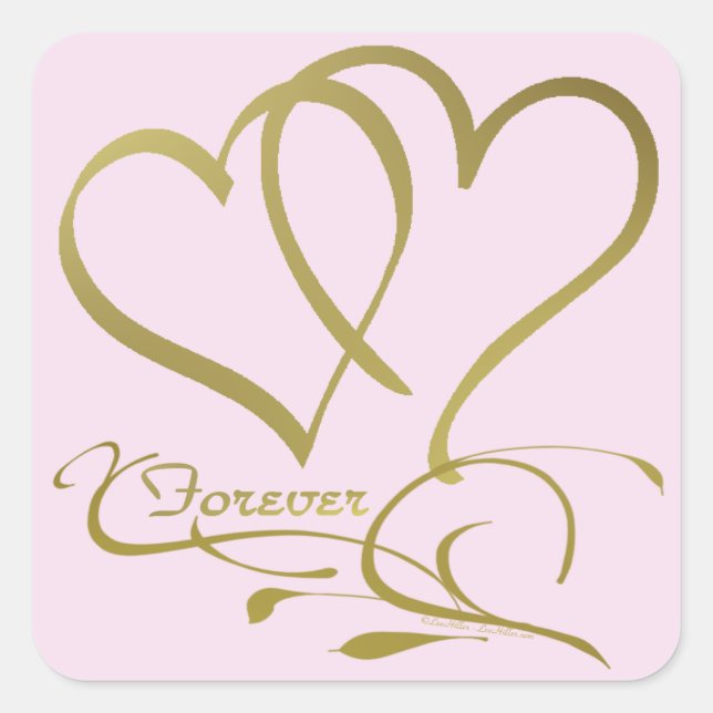 Pegatina Cuadrada Corazones de oro para siempre sobre rosa (Anverso)