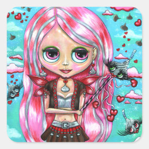 Pegatina Cuadrada Corazones de pelo rosado y besos grandes ojos de h