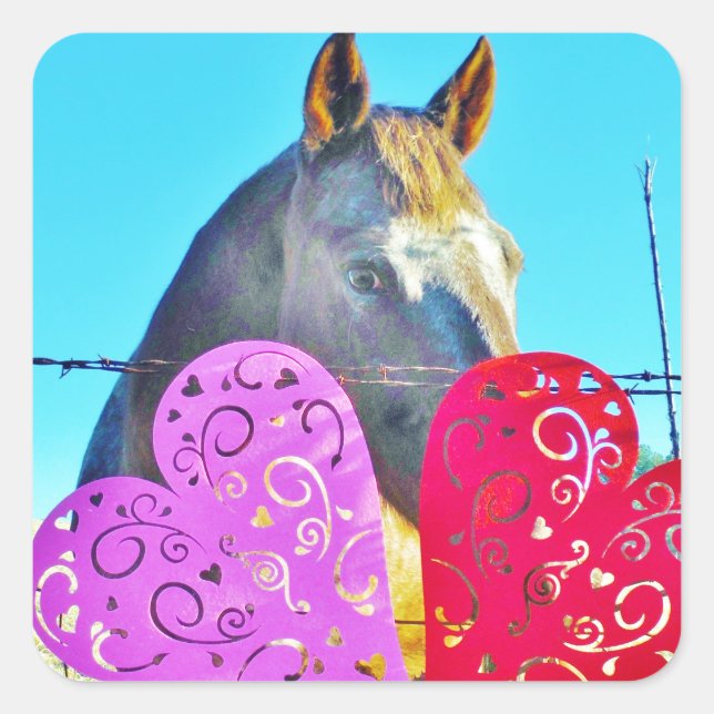 Pegatina Cuadrada Corazones de San Valentín de caballos blancos y ma (Anverso)