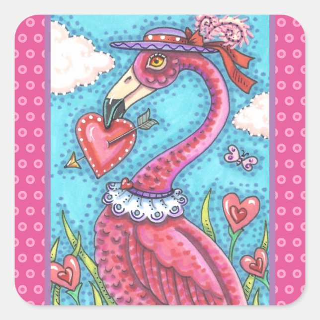 PEGATINA CUADRADA CORAZONES DE VÁLVULA DE FLAMINGO ROSA, ANIMACIÓN D (Anverso)
