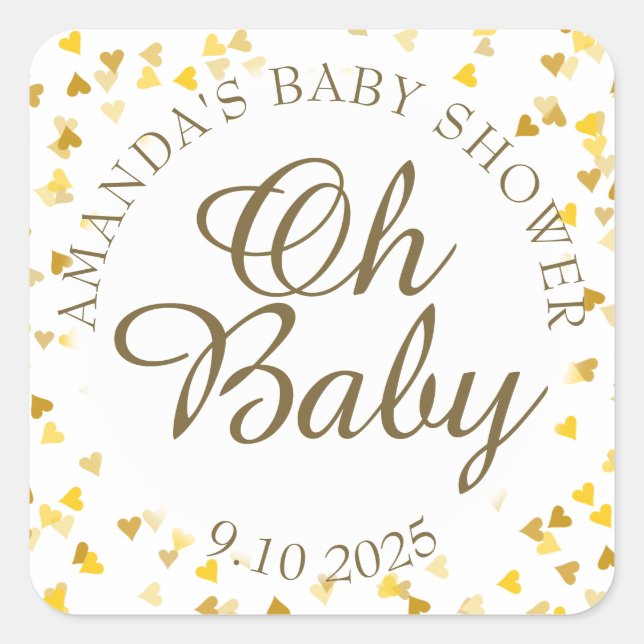 Pegatina Cuadrada Corazones dorados Oh Favor de Baby Shower (Anverso)