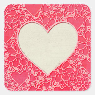 Pegatina Cuadrada Corazones Florales Elegantes Rojo y Rosa Día de Sa