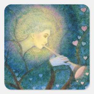 Pegatina Cuadrada Corazones musicales de ángel de árbol llaman a los