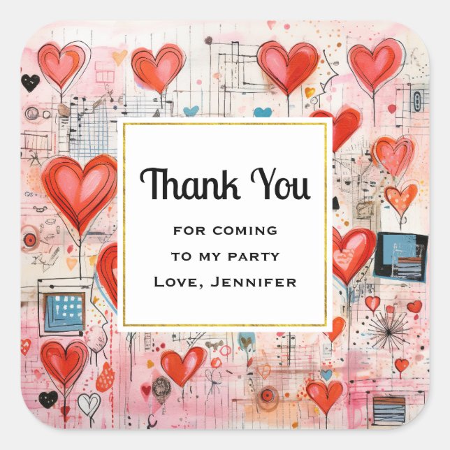 Pegatina Cuadrada Corazones rojos Whimsical Love Pattern Fiesta Grac (Anverso)
