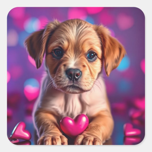 Pegatina Cuadrada Corazones rosados de cachorro (Anverso)