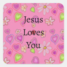 Pegatina Cuadrada Corazones Rosas Jesús Te Ama