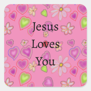 Pegatina Cuadrada Corazones Rosas Jesús Te Ama 