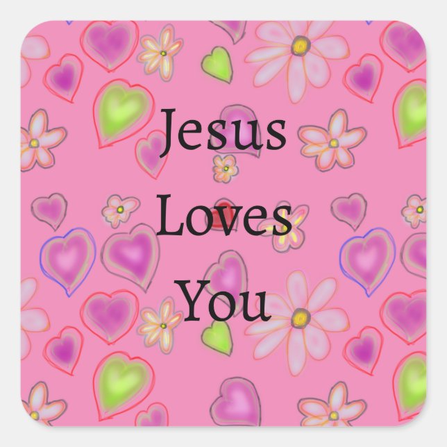 Pegatina Cuadrada Corazones Rosas Jesús Te Ama  (Anverso)