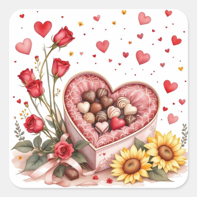 Pegatina Cuadrada Corazones, Rosas y chocolate el día de San Valentí (Anverso)