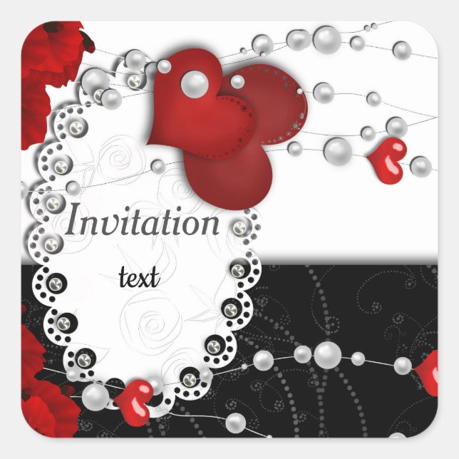 Pegatina Cuadrada Corazones y cuentas perla Día de San Valentín rojo (Anverso)